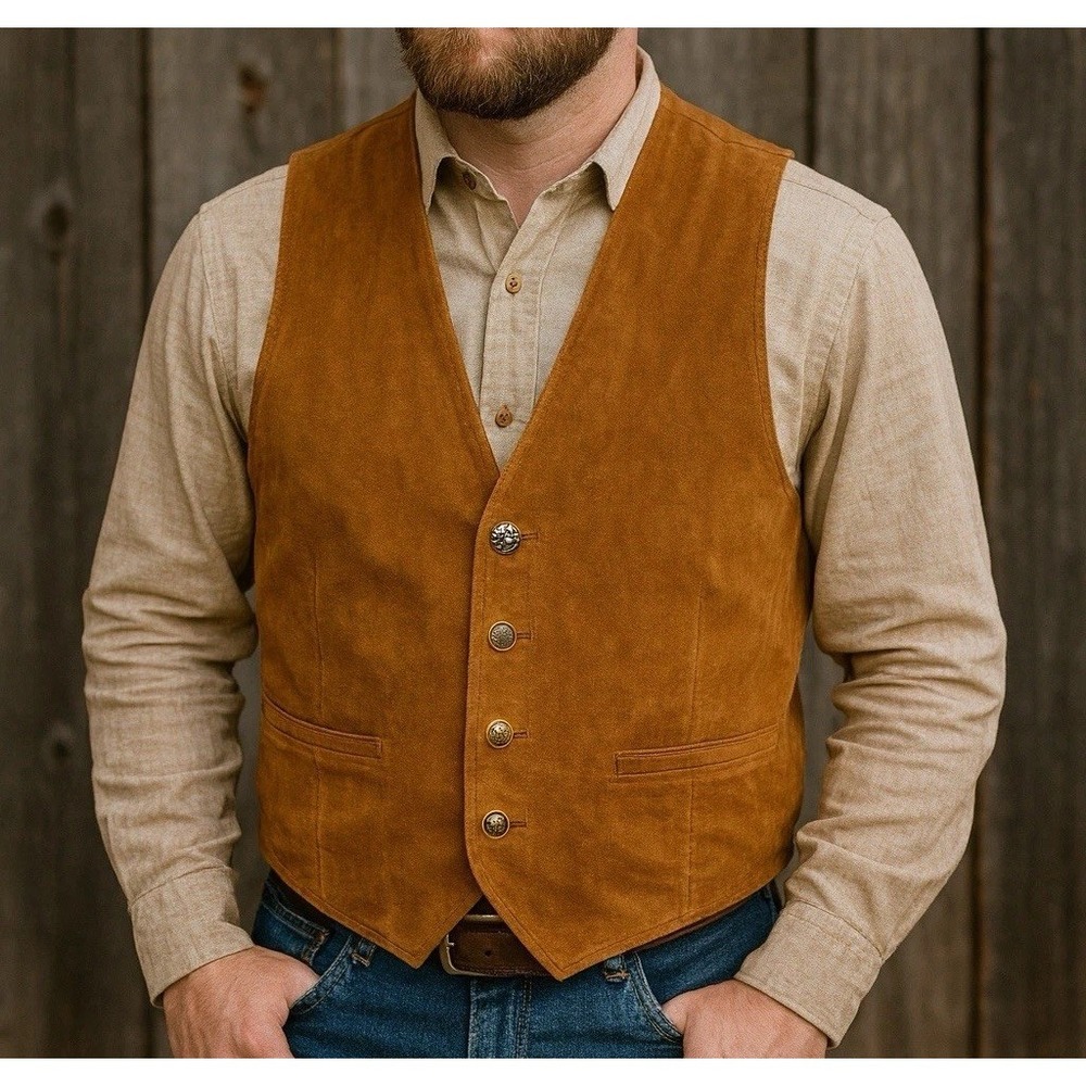 Beyond Leather Men's Medium M Brown Genuine Leather Western Vest Suede Cowboy
